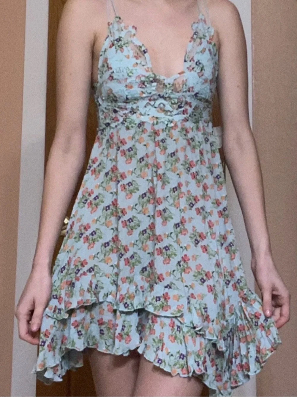 BNWOT Free People Pale Blue Floral Lace-Trim Asymmetrical Cross Back Dress - XL - Picture 4 of 15
